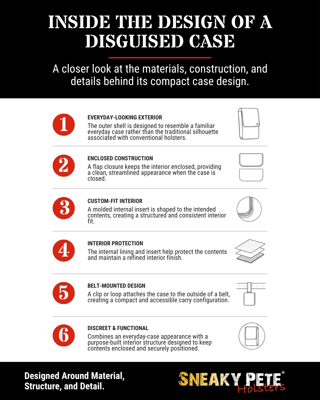 Inside the design of a disguised case: six construction details Infographic breaking down six design features of a disguised belt case: everyday-looking exterior, enclosed flap construction, custom-fit interior, interior protection, belt-mounted design, and discreet functionality