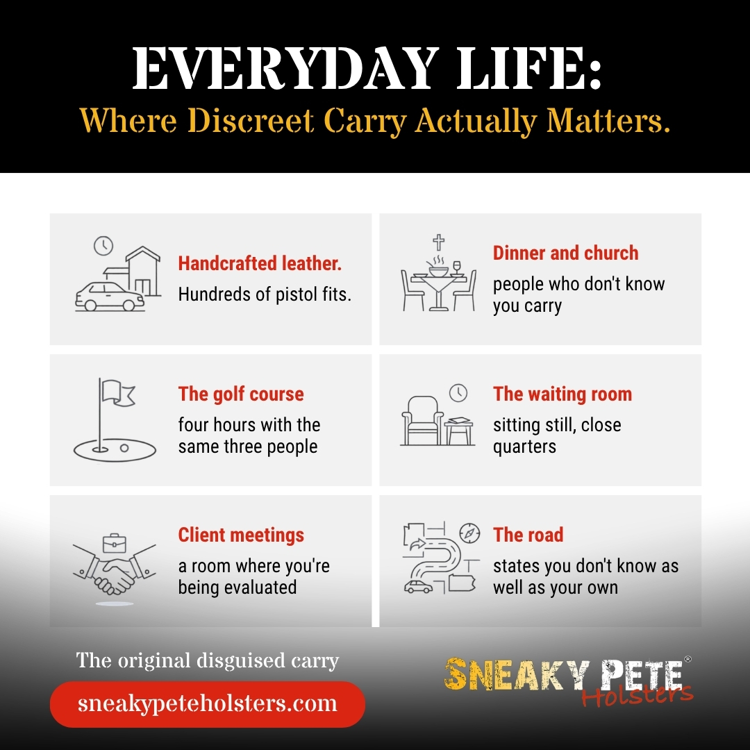 Everyday life: where discreet carry actually matters Infographic showing six everyday situations where discreet carry matters: school pickup, dinner and church, the golf course, the waiting room, client meetings, and travel between states